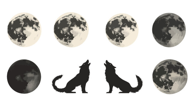 Illustration featuring phases of the moon and two silhouetted howling wolves