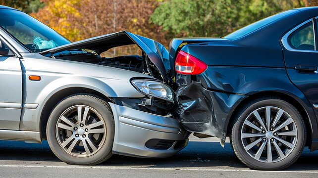 Two damaged cars after rear end collision accident on city road with insurance and traffic concept