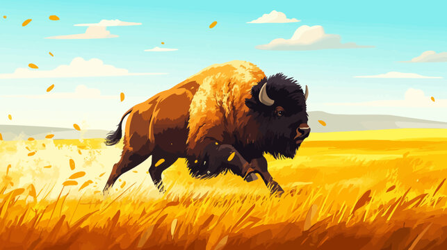 Powerful bison running through golden grass under a blue sky