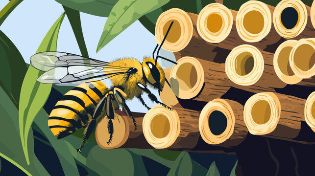 Close-up of a bee tending to its hive on a wooden structure