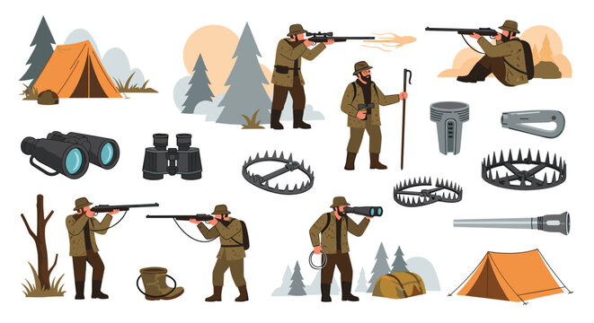 Detailed illustrations of hunters in action alongside essential hunting equipment like tents, binoculars, animal traps, and rifles.