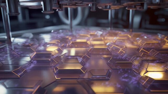 Quantum computer hardware with hexagonal transparent and metallic elements immersed in blue cooling liquid, glowing with energy and complex futuristic data processing connections