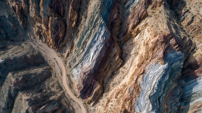 Aerial view of colorful stratified rock formations in a desert landscape with a winding road.