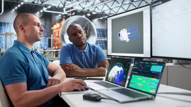 Engineers Designing Solar-powered Satellite Model