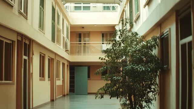 Modern building interior featuring an empty atrium with multiple levels of corridors, cream colored walls, green floors, and a large potted plant creating a tranquil, enclosed space