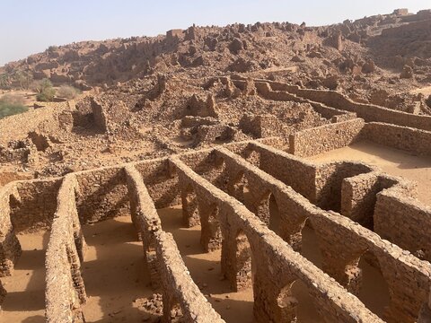View over roofless prayer hall ruins in historic Ouadane, Mauritania