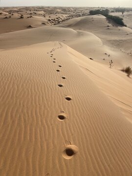 Footprints leading across sand dunes near Chinguetti, Mauritania