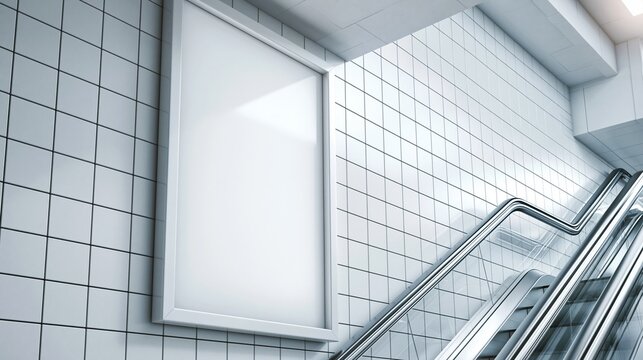 Blank Advertising Billboard Mockup on White Tiled Wall Next to Escalator in Modern Public Space