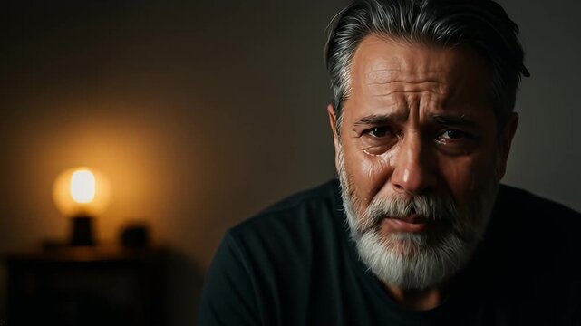 Tearful graying bearded man with lightbulb illuminating somber expression in darkened space