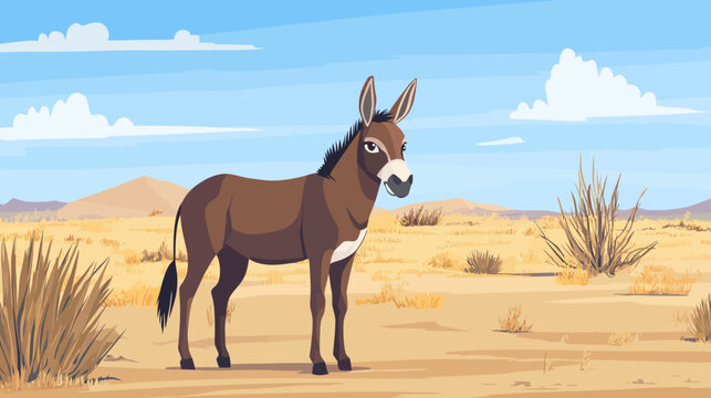 Cartoon donkey standing in desert landscape with mountains and clouds