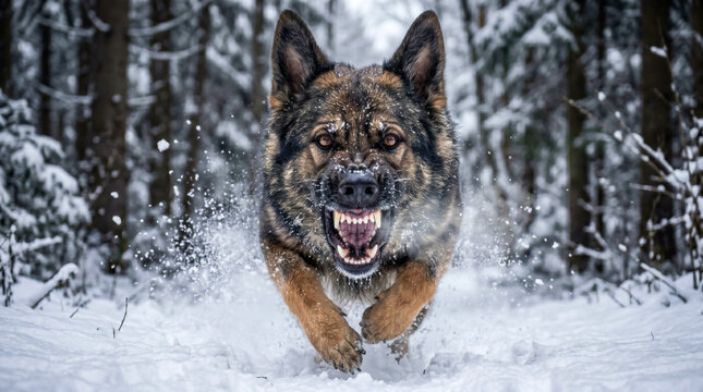 Aggressive German Shepherd Running Through Snowy Winter Forest