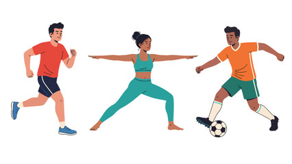 Fototapeta premium Diverse group of people engaged in different sports and fitness activities, including running, yoga, and soccer.