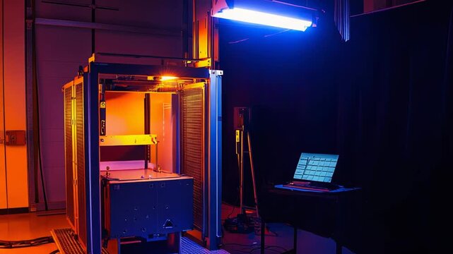 Research laboratory interior with advanced testing machinery bathed in dramatic blue and orange lighting, showcasing futuristic technology, precision instruments, and controlled experimentation