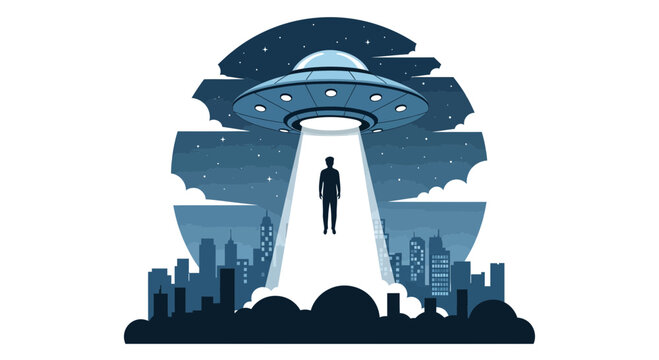 UFO abducting person over city skyline at night
