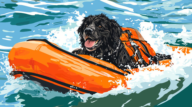 Dog in life jacket paddling on water with splash effects