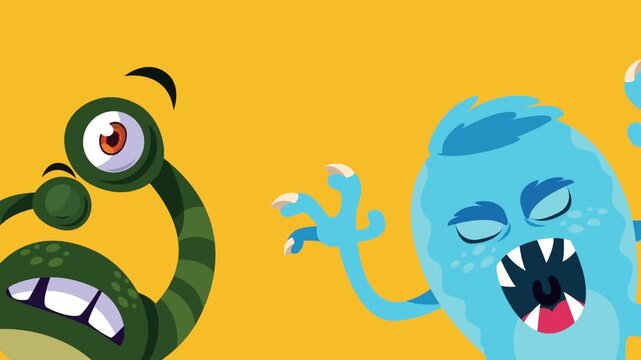 Cartoon monsters characters animation on yellow background with green and blue creatures appearing in frame.