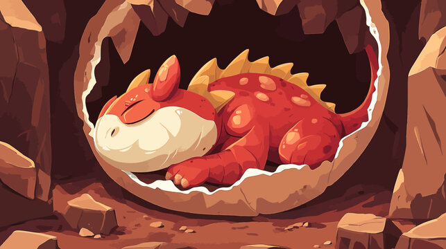 Cartoon baby dragon sleeping in cracked eggshell with rocky background