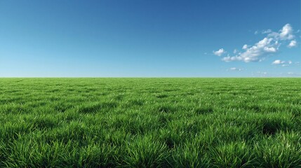 Fototapeta premium Vast Green Grass Field Under a Clear Blue Sky with a Single Fluffy Cloud