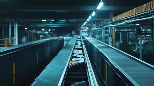 Waste management sorting system transporting plastic waste on an automated conveyor line, symbolizing industrial recycling processes and environmental sustainability efforts for a greener future