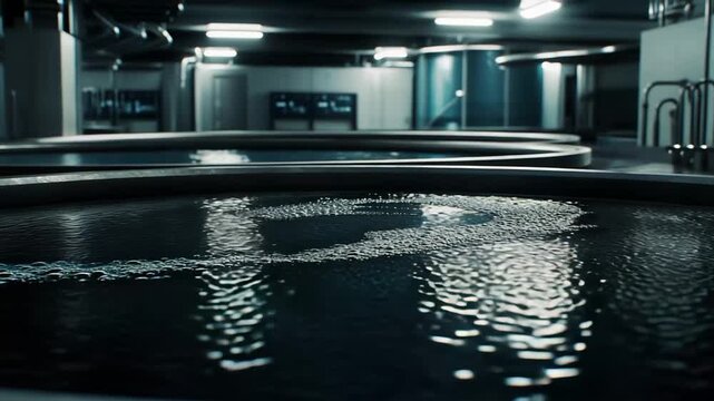 Industrial chemical tanks containing dark liquid with bubbles and surface ripples, suggesting a scientific laboratory setting for ongoing research and development in a modern, high tech environment