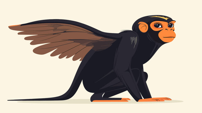 Cartoon hybrid creature with crowned monkey head and flying bird body