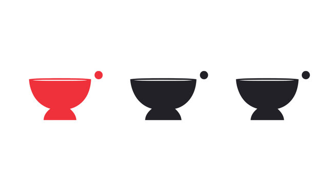 Three stylized, symmetrical bowl shapes in red and black, with a dot element beside each