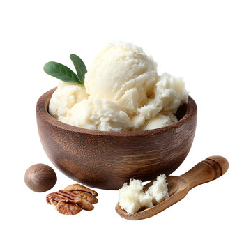 Wooden bowl of fresh ricotta cheese with mint leaf and pecans on wooden spoon