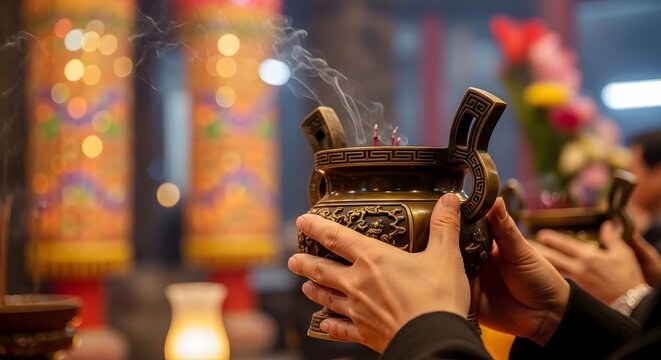 Devotee Holding Incense Burner in Chinese Temple.