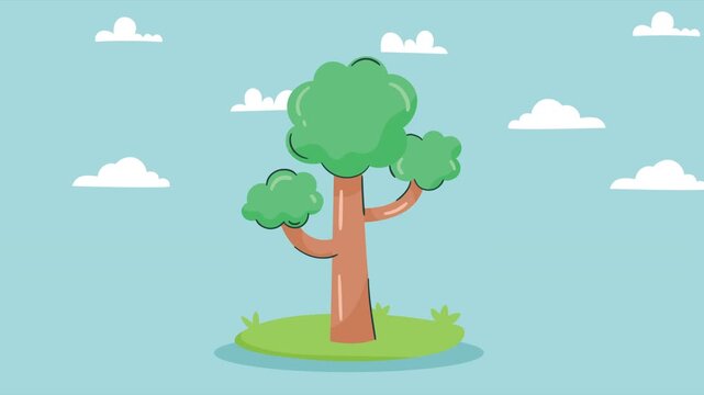 Minimalist flat design animation of growing tree with clouds on light blue background.