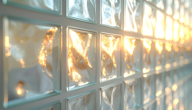 Glass block wall from the eighties featuring translucent wavy textures and soft glowing light with clean white grout lines and bokeh generative AI