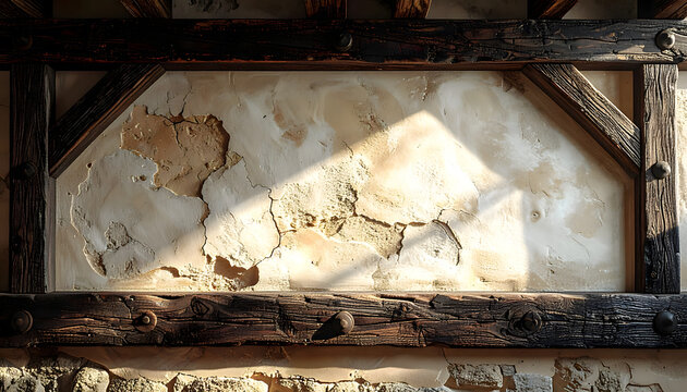 Wattle and daub wall section featuring cracked ivory plaster framed by dark heavy oak beams with ancient iron nails and textures generative AI