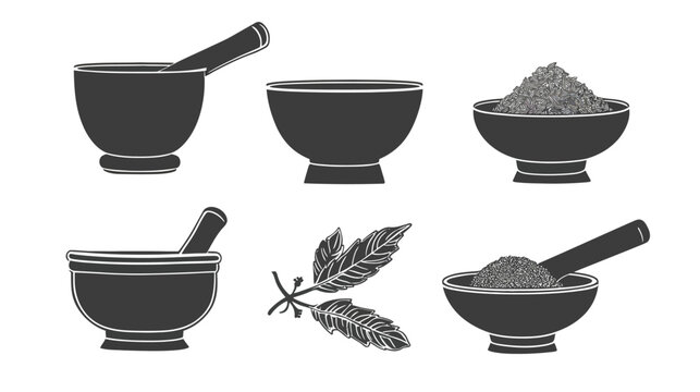 Black and white illustration of mortar and pestles, bowls, and herbs against a white backdrop