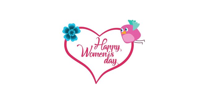Happy womens day animation with pink heart shape blue flower and cute bird character on white background.
