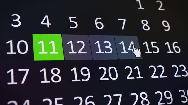 Video animation of a website showing the selection of a data range during the online booking process, travel dates, check-in and check-out date picker interface, reservation period.