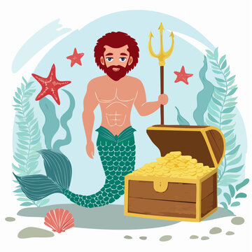 Merman with Trident and Treasure Chest