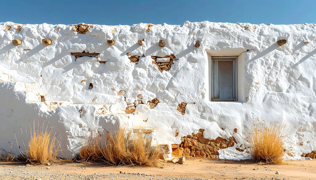 Desert wall made of thick lumpy adobe painted in blindingly white lime wash with visible straw reinforcement under harsh sunlight generative AI