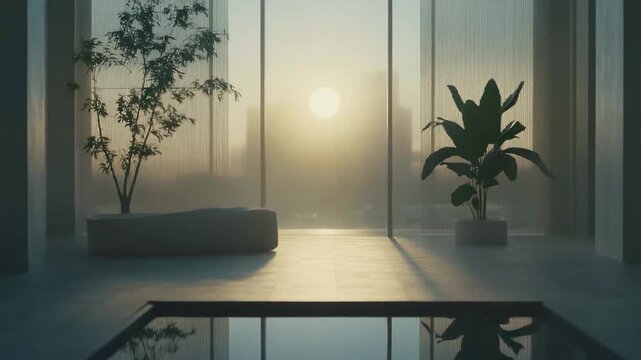 Minimalist interior space featuring an indoor pool reflecting a tranquil sunset filtering through tall windows, creating a serene and luxurious atmosphere with lush green plants