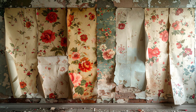 Abandoned house wall featuring six layers of peeling vintage wallpaper with floral patterns and damp stained plaster underneath showing history generative AI