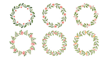 Fototapeta premium Collection of beautiful floral wreaths with green leaves and delicate flowers in various colors for wedding decoration.