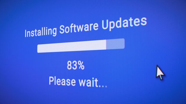 Video animation of a fictitious website with a blue screen showing a progress bar for installing system update - software update in process.