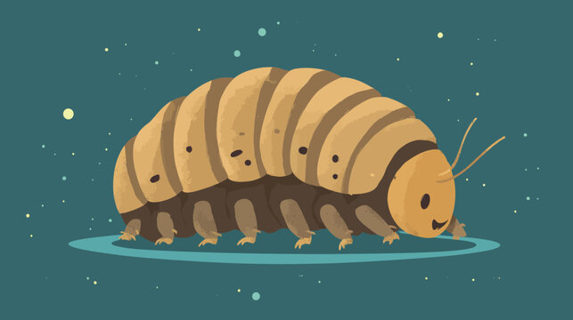 Cartoon caterpillar with segmented body, smiling face, antennae, on a blue background with scattered dots