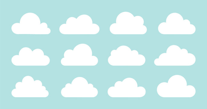 Clouds, white abstract cloud illustration set with cute fluffy cloud shapes on blue background vector.