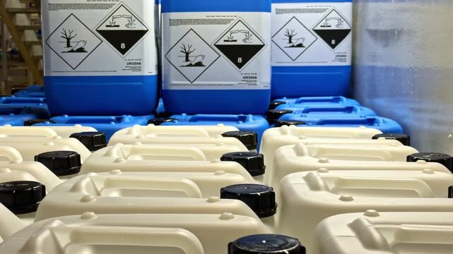 Rows dangerous chemical substances canisters ready distribution logistics