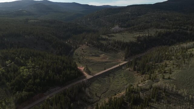 Aerial of Ashley National Forest Uinta Mountains with campers in Utah in spring