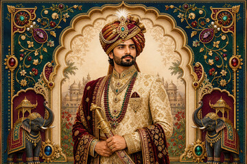 Obraz premium Royal Indian Groom Portrait Artwork for Traditional Wedding Celebration and Cultural Heritage Decorative Themes