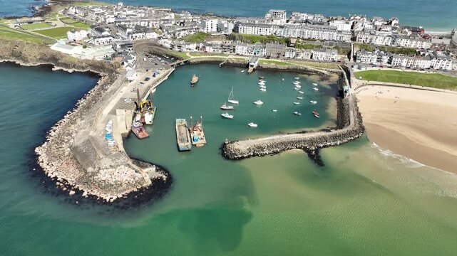 Portrush Harbour Co Antrim on the north coast of Northern Ireland drone view