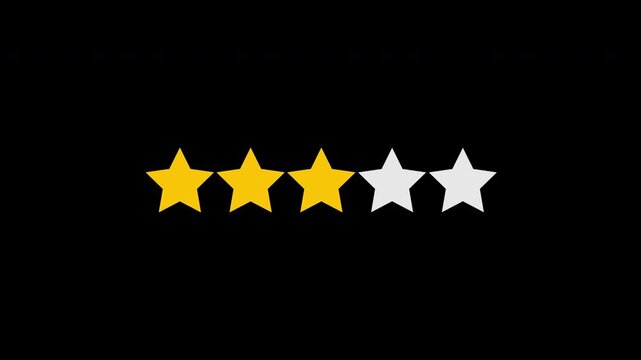 Five star review and rating animation showing customer satisfaction and high quality ranking with 5 yellow golden stars with alpha Channel