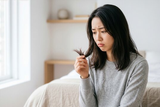 傷んだ毛先に悩む女性 ヘアダメージと枝毛の美容コンセプト