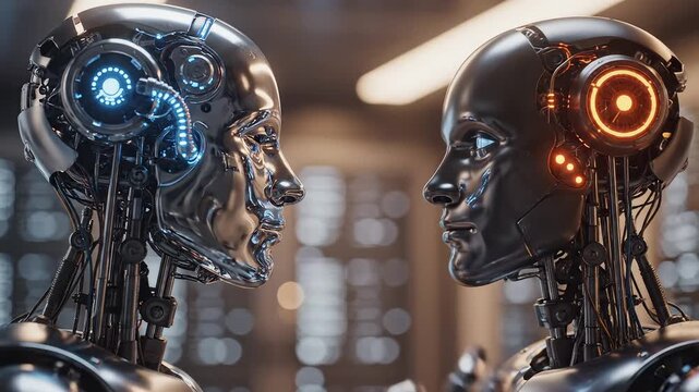 Two humanoid robots facing each other for immersive visual experiences and creative projects