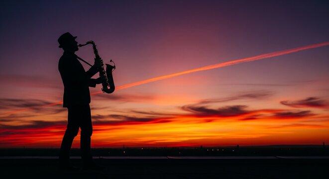 Solo saxophonist playing under dramatic sunset sky with vibrant streaks